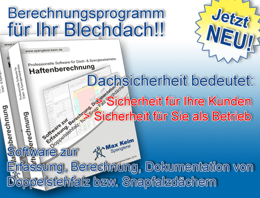 Software fr Haftenberechnung, Erfassung, Berechnung, Dokumentation, fr Snapfalzdach, fr Doppelstehfalzdach